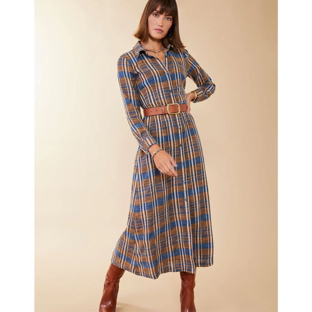 Spartina Tillie MIDI Dress Size S Plaid Button Front $228.00